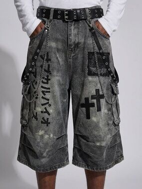 Y2K Washed Black Cross Denim Cargo Jorts Longline Shorts L